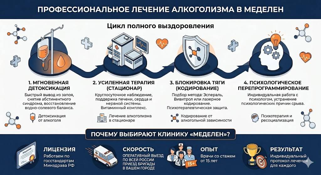 Инфографика на тему профессионального лечения алкоголизма в МедЭлен в голубых тонах